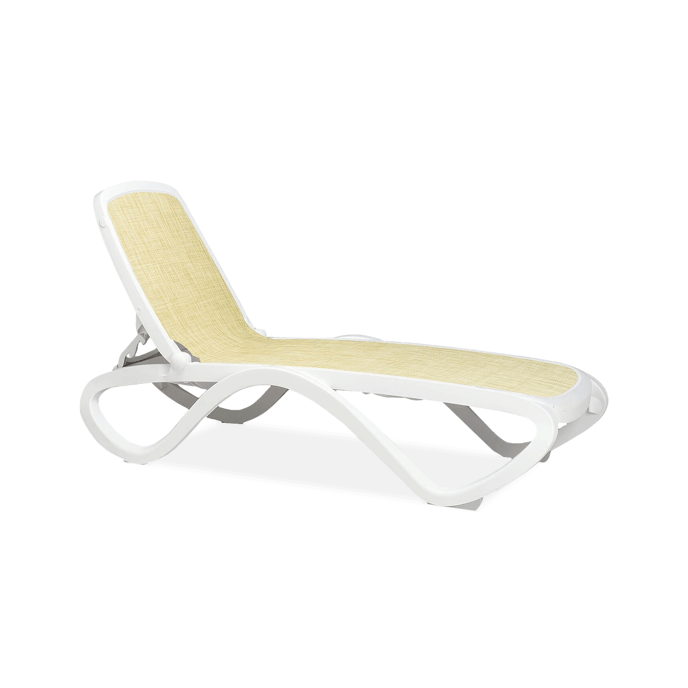 biały leżak regulowany z beżowym siedziskiem
