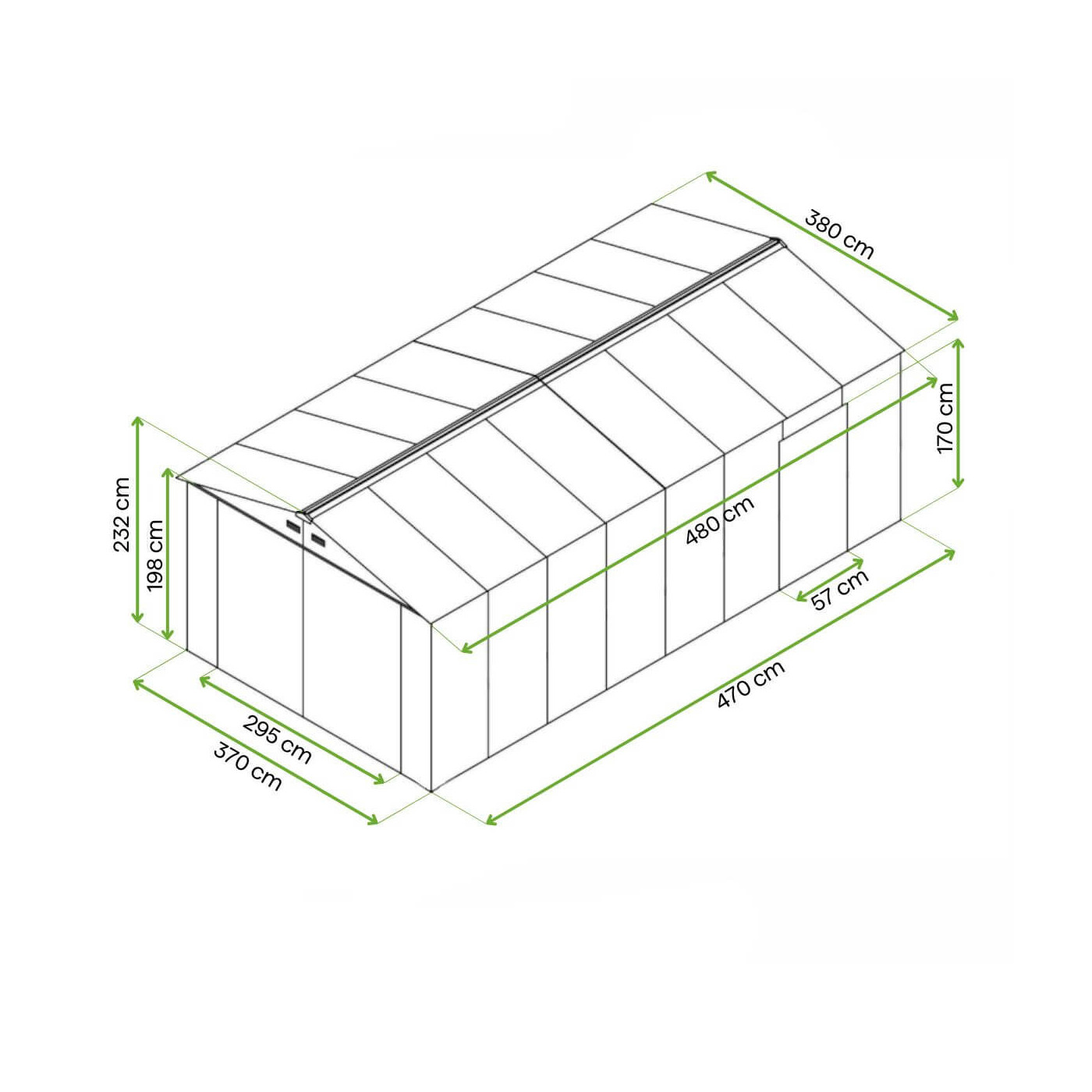 Rycina z wymiarami metalowego garażu Kingston 380x480 Cold Grey