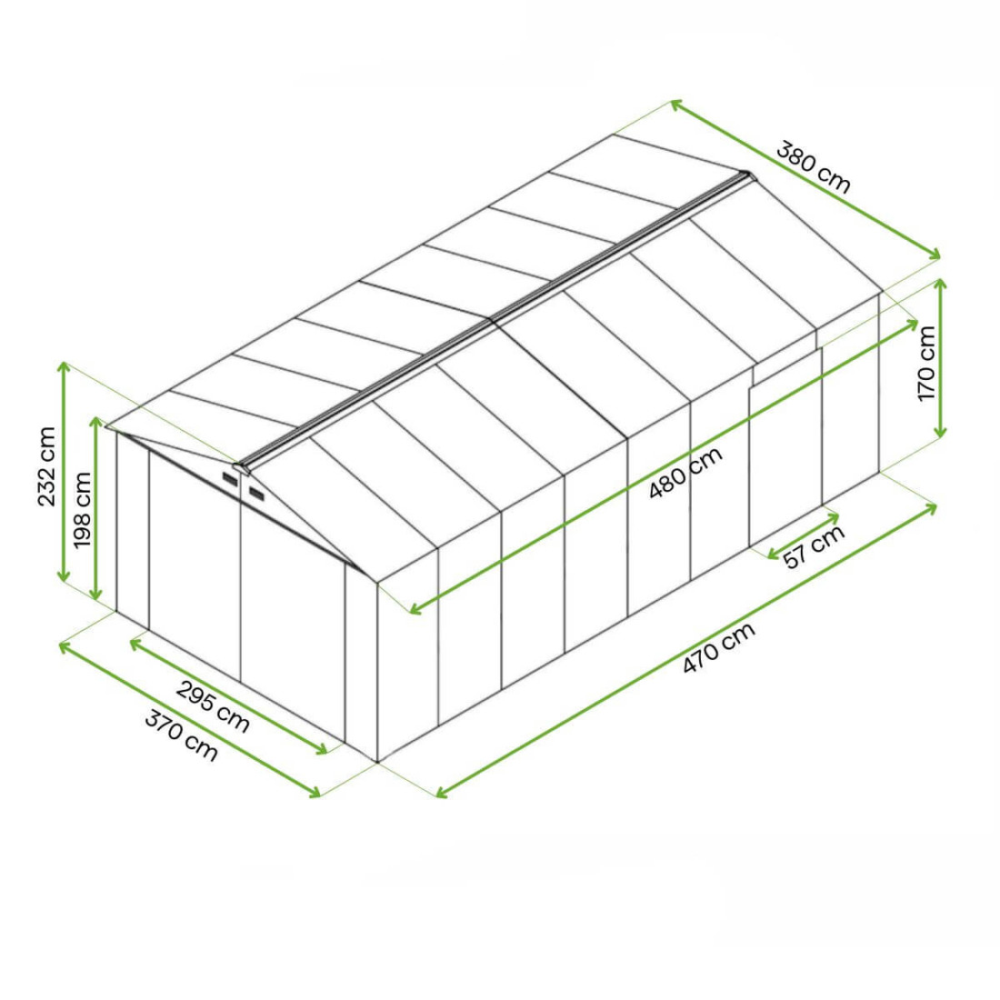 Rycina z wymiarami metalowego garażu Kingston 380x480cm Walnut