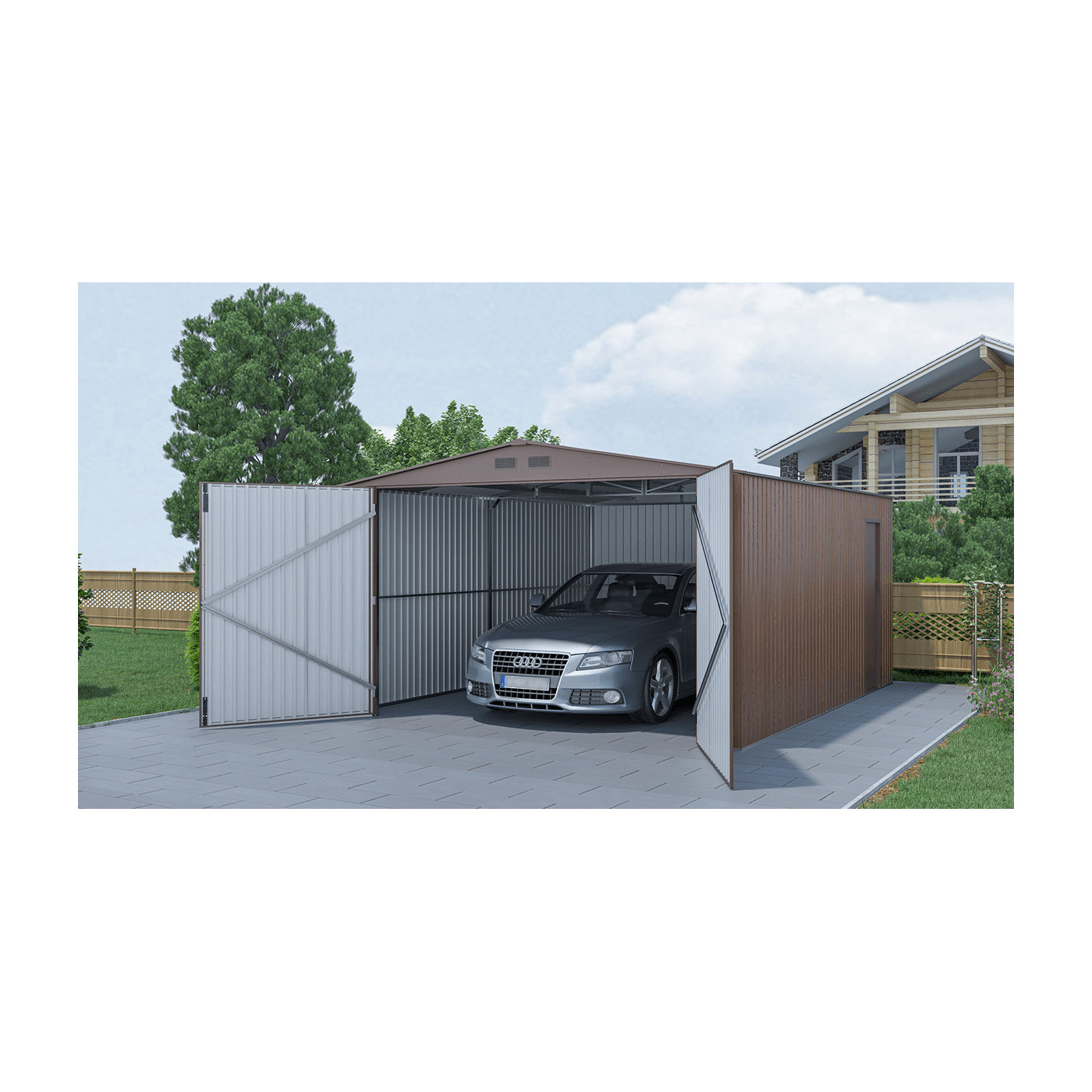 Aranżacja na posesji blaszanego garażu Kingston 380x480cm Walnut z otwartymi drzwiami i samochodem wewnątrz 