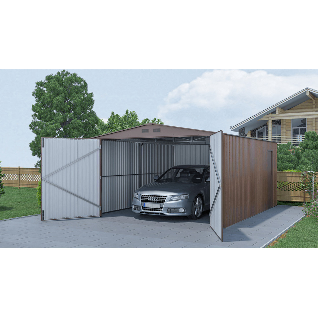 Aranżacja na posesji blaszanego garażu Kingston 380x480cm Walnut z otwartymi drzwiami i samochodem wewnątrz 