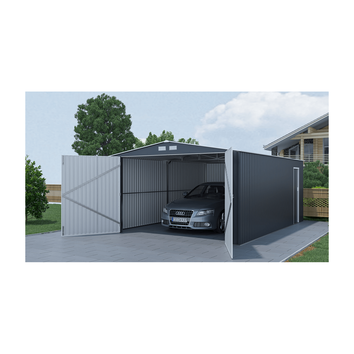 Aranżacja na posesji blaszanego garażu Kingston 380x540 Cold Grey z otwartymi drzwiami i samochodem wewnątrz 