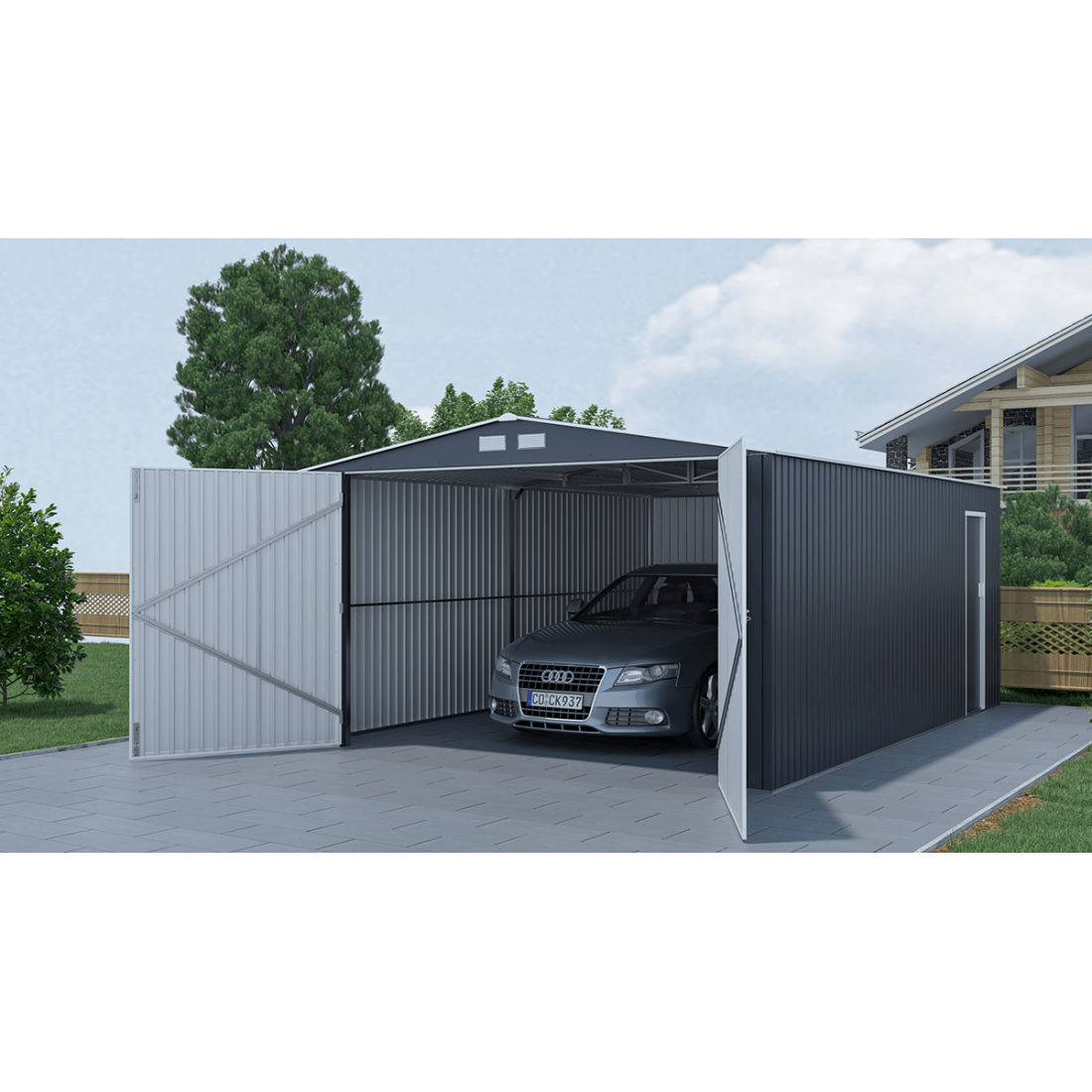 Aranżacja na posesji blaszanego garażu Kingston 380x540 Cold Grey z otwartymi drzwiami i samochodem wewnątrz 