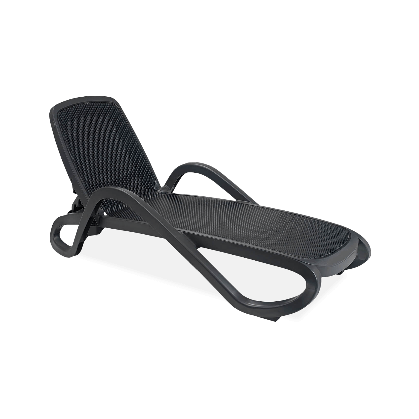 czarny leżak z regulowanym oparciem i podłokietnikami