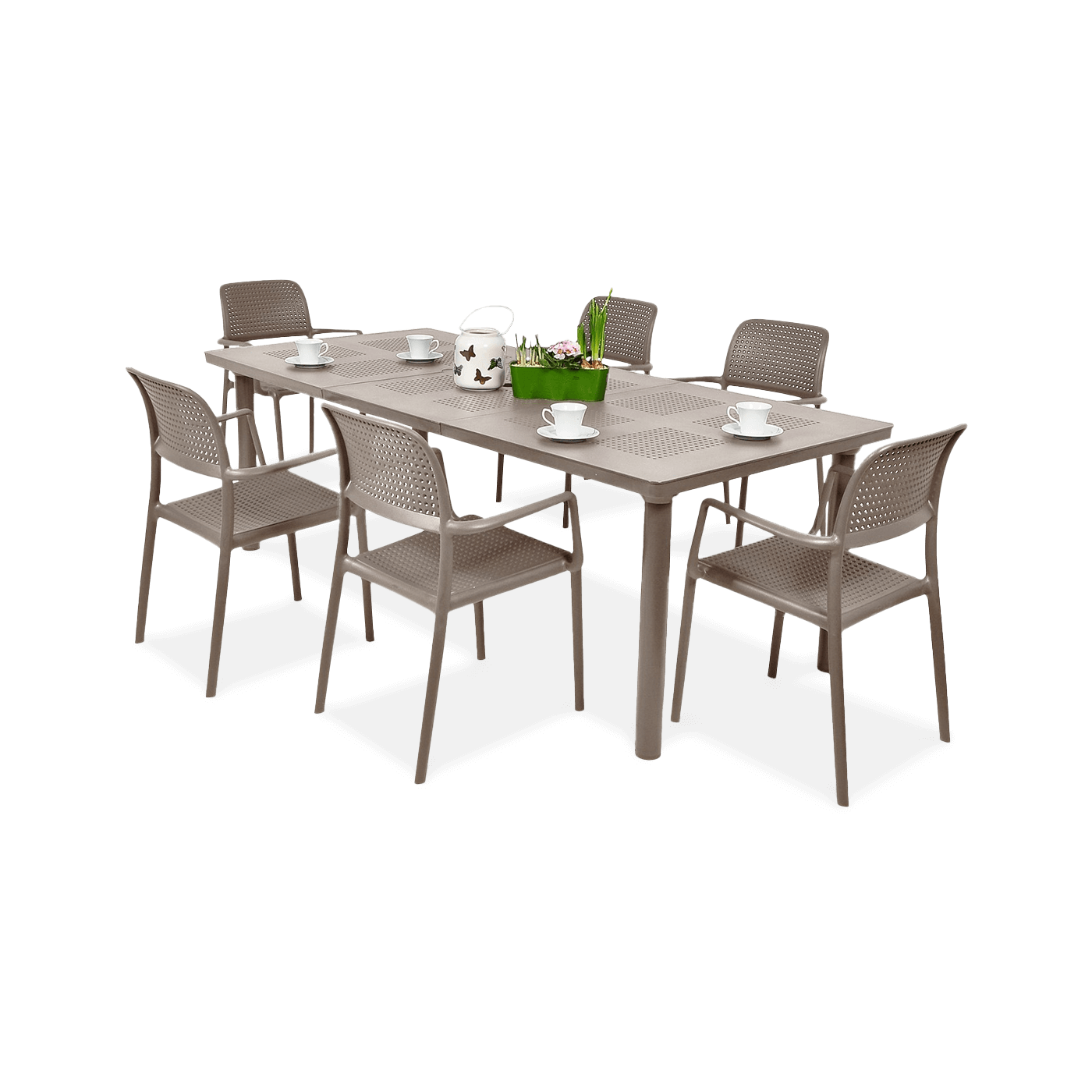 brązowy zestaw mebli jadalnianych z sześcioma krzesłami i stołem ogrodowym