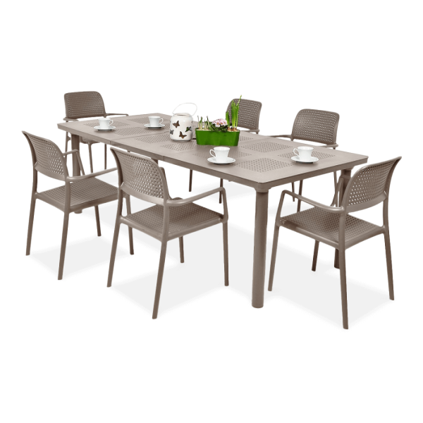 brązowy zestaw mebli jadalnianych z sześcioma krzesłami i stołem ogrodowym