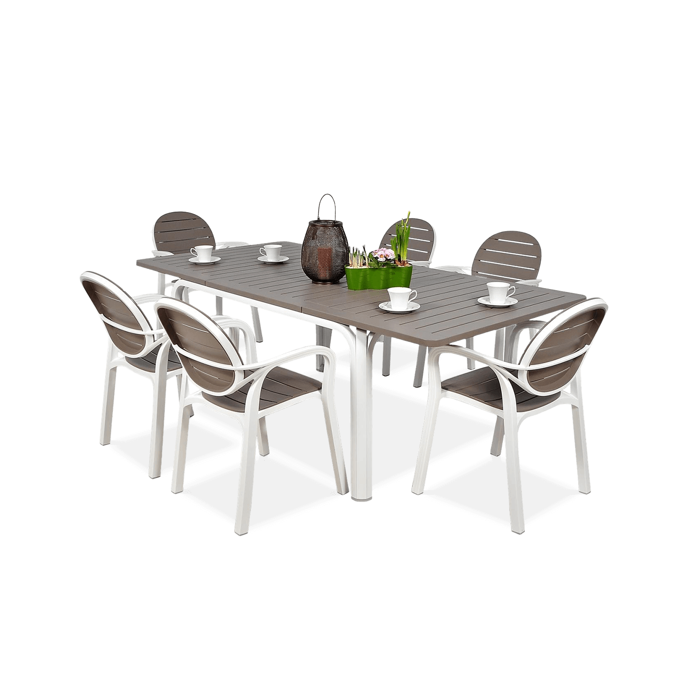zestaw jadalniany do ogrodu z sześcioma krzesłami i stołem w kolorze biało brązowym