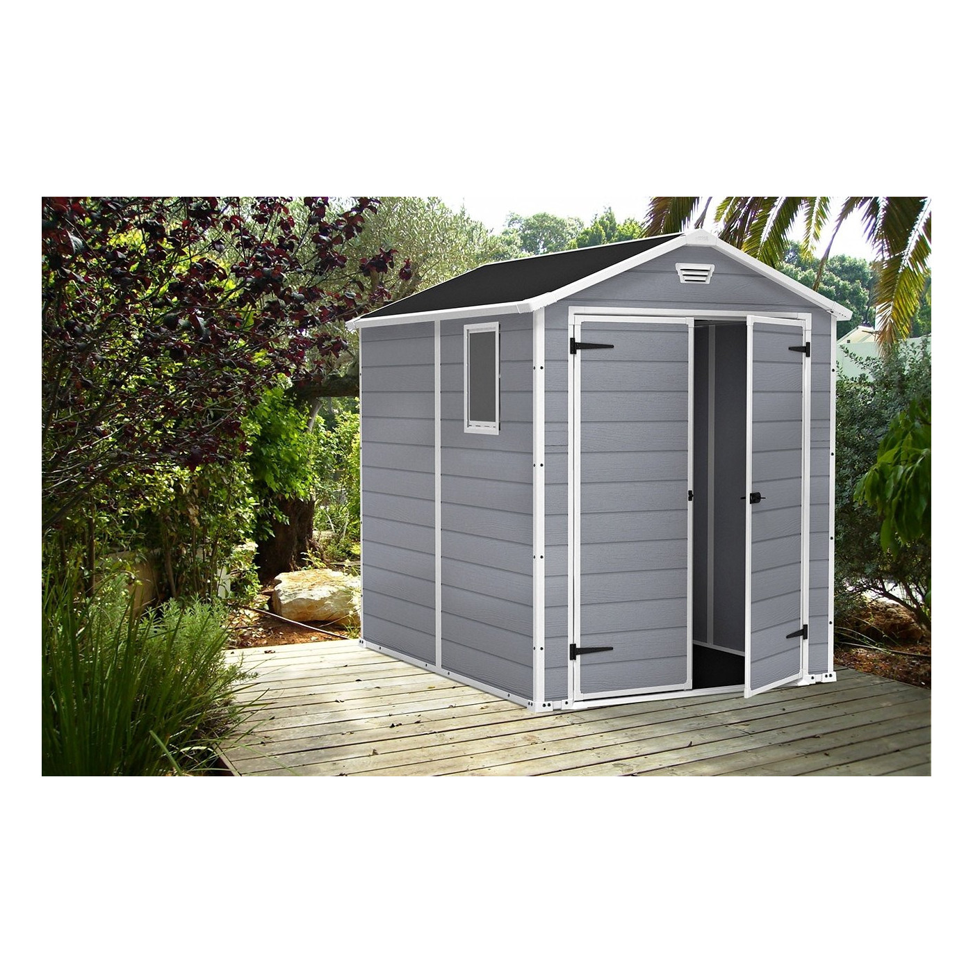 Domek narzędziowy Manor 6x8DD, 185x237cm, Keter, aranżacja w ogrodzie