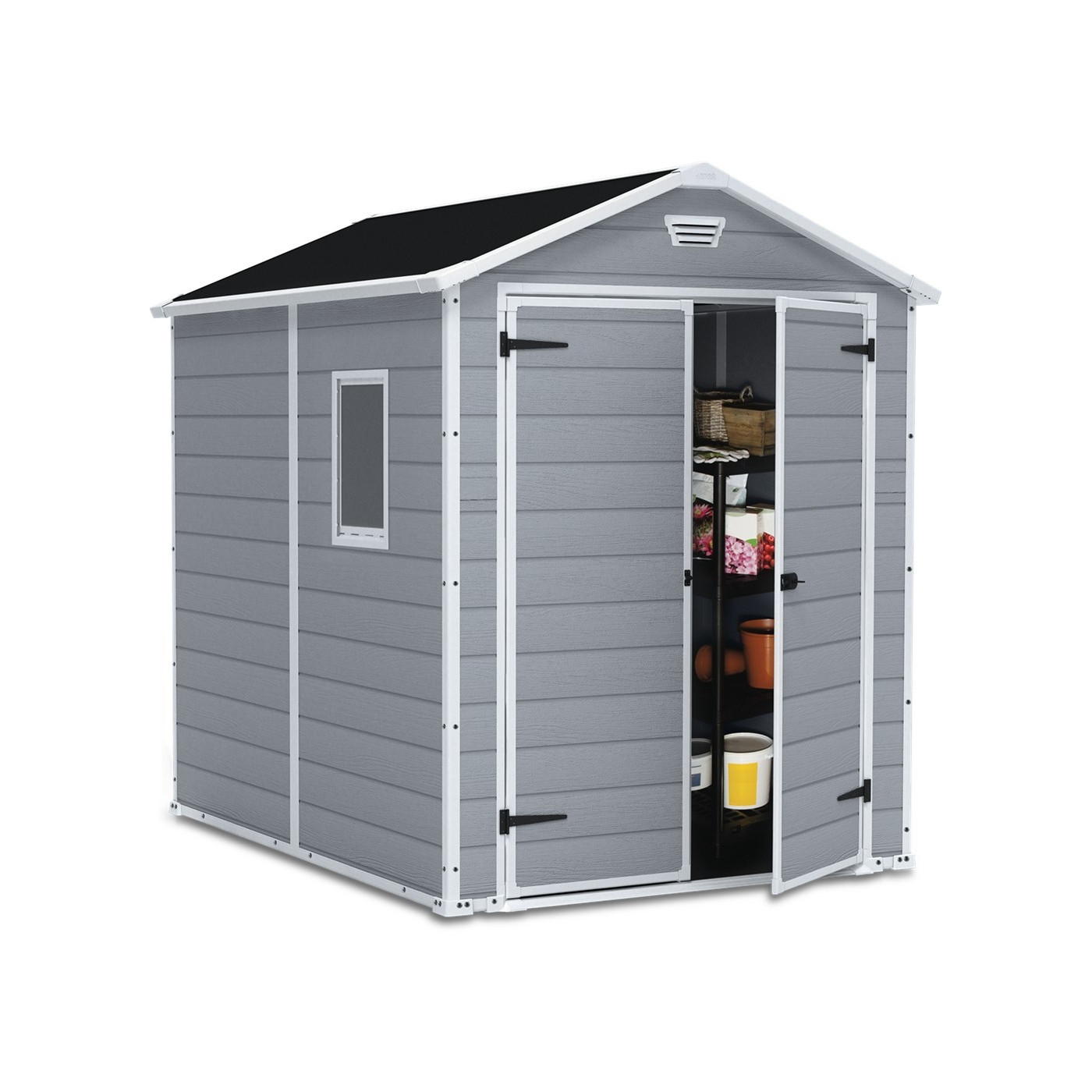 Domek narzędziowy Manor 6x8DD, 185x237cm, Keter, widok na wnętrze z narzędziami i sprzętem ogrodowym