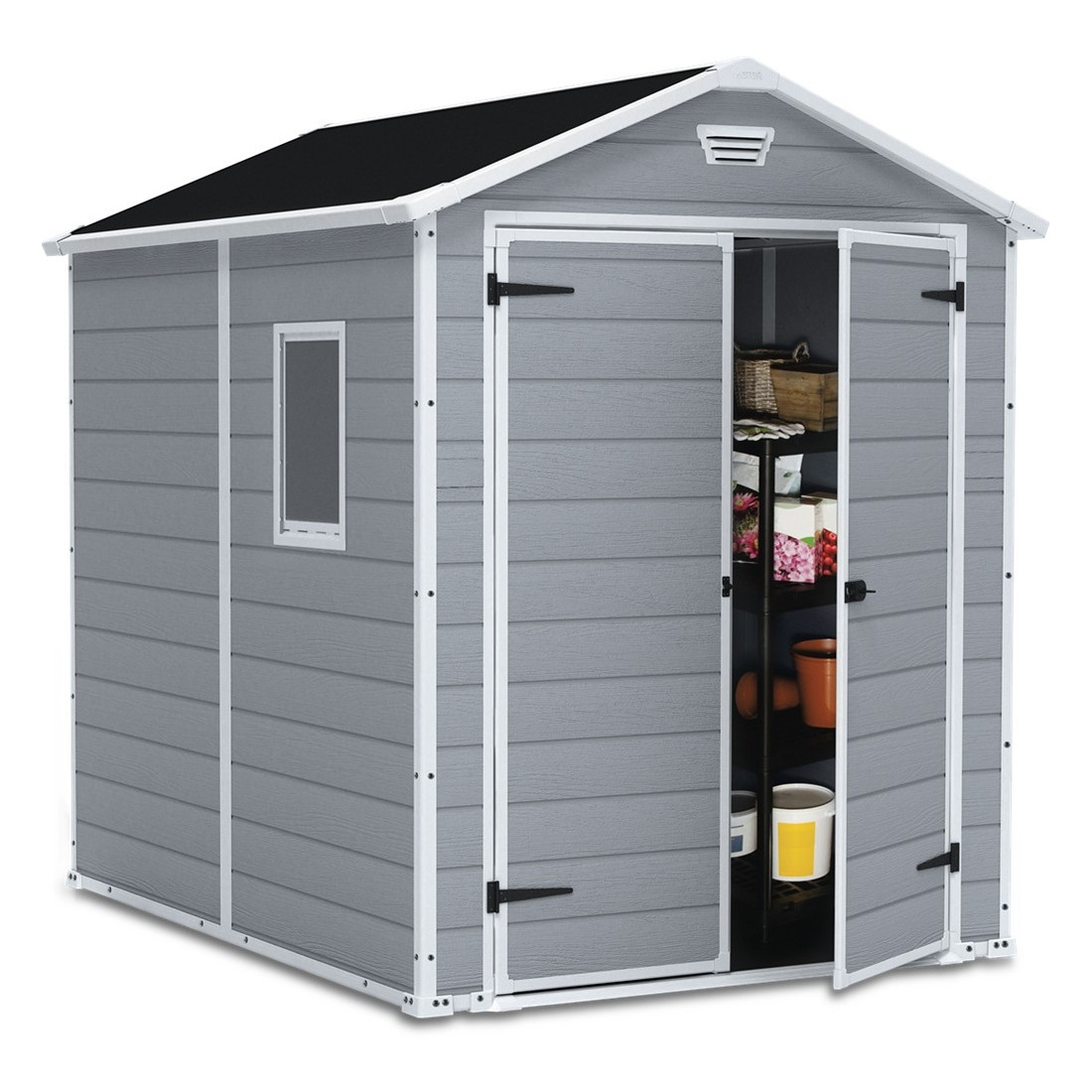 Domek narzędziowy Manor 6x8DD, 185x237cm, Keter, widok na wnętrze z narzędziami i sprzętem ogrodowym