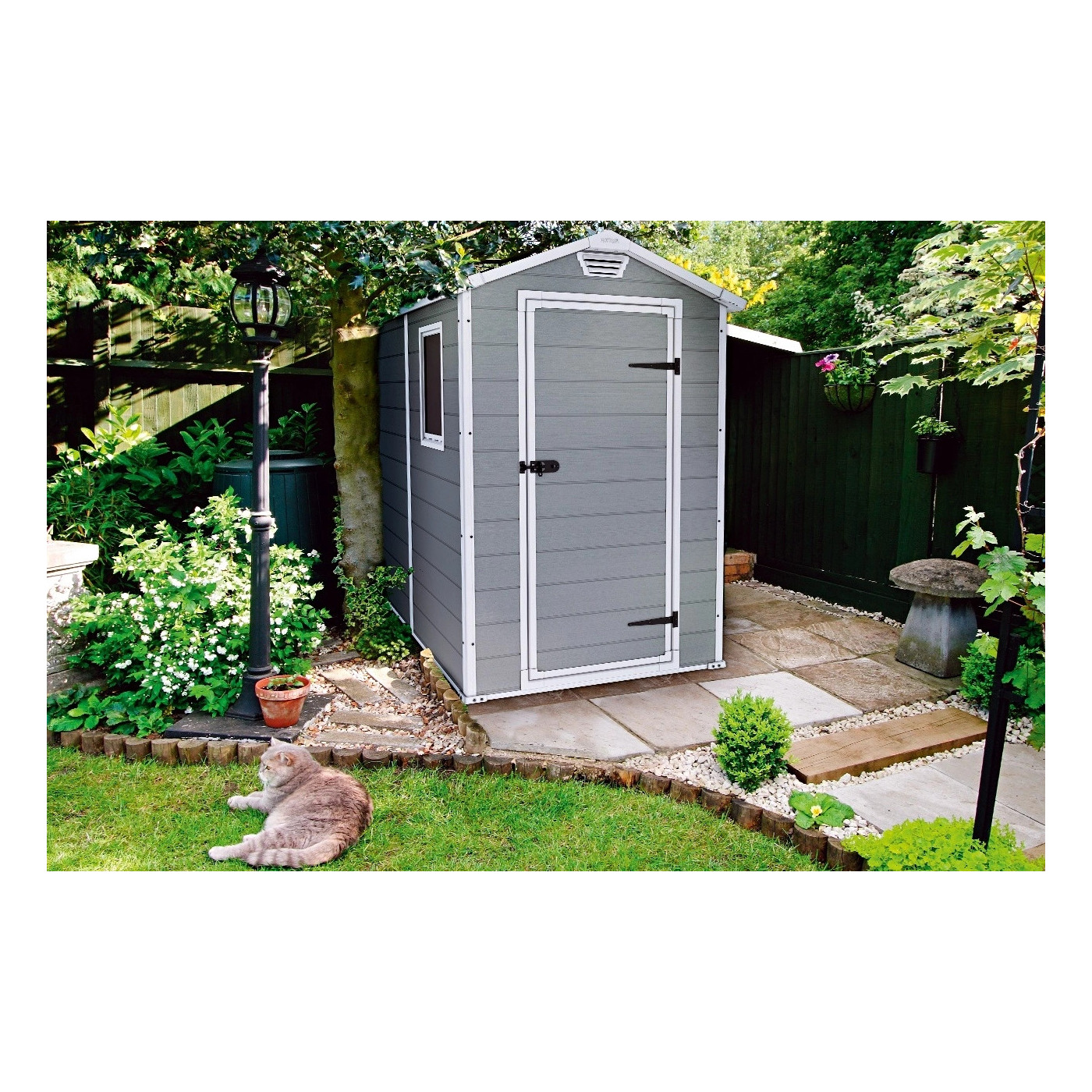 Domek ogrodowy MANOR 4x6s, 130x192cm, Keter, szary, aranżacja w ogrodzie, nowoczesny, stylowy