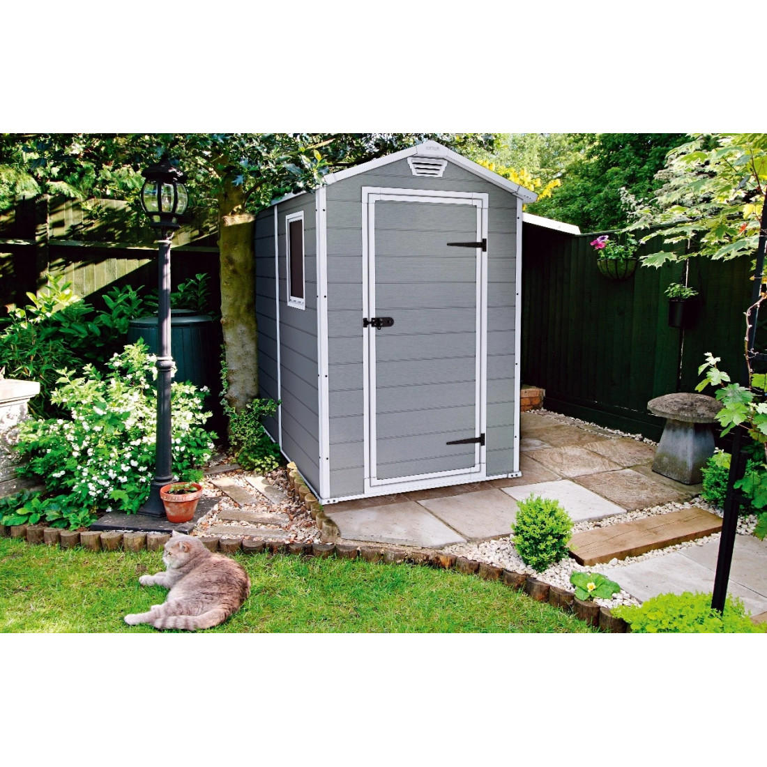 Domek ogrodowy MANOR 4x6s, 130x192cm, Keter, szary, aranżacja w ogrodzie, nowoczesny, stylowy