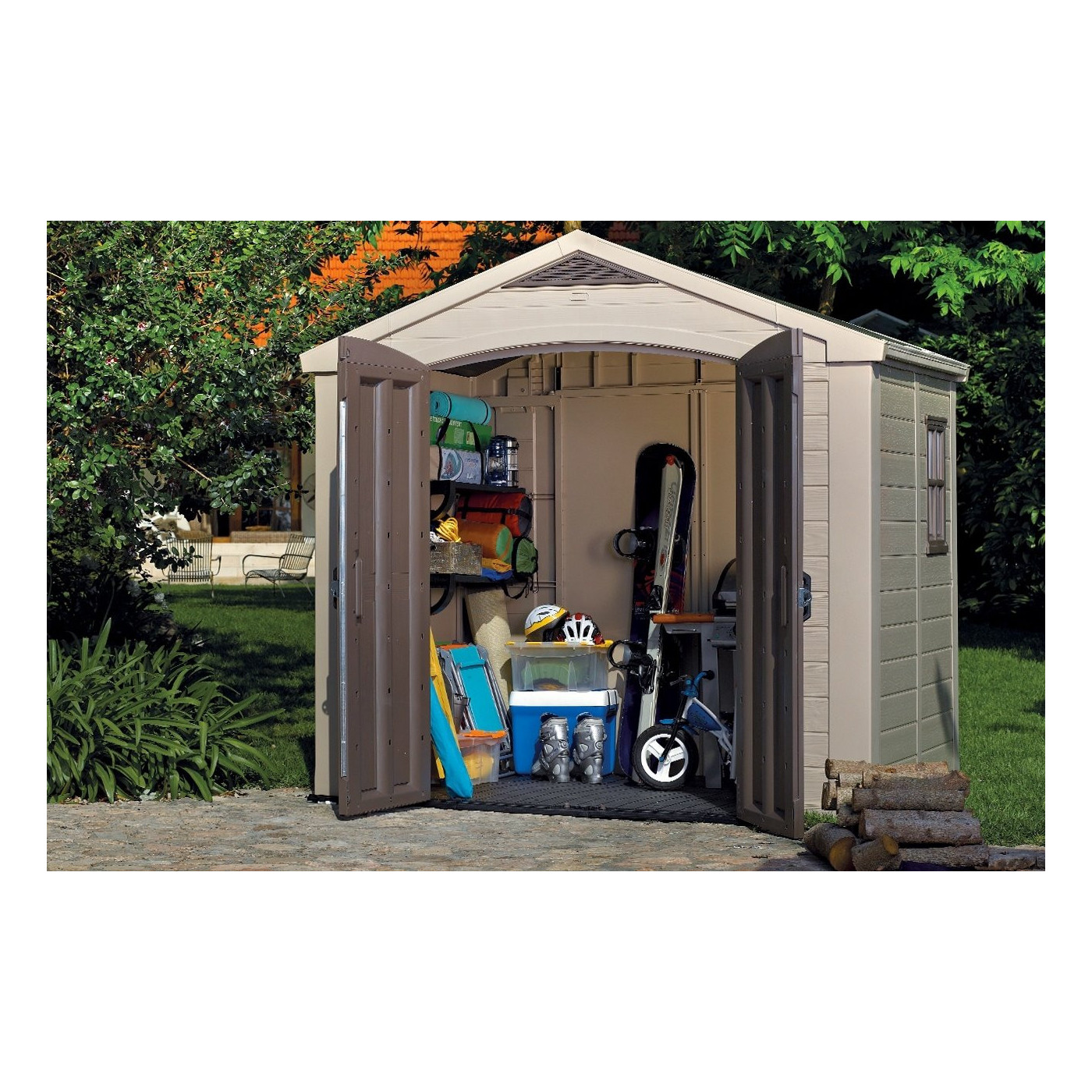 Domek narzędziowy FACTOR 8x6, 256,5x182cm, Keter, przestronny, dużo miejsca na narzędzia i sprzęt ogrodowy