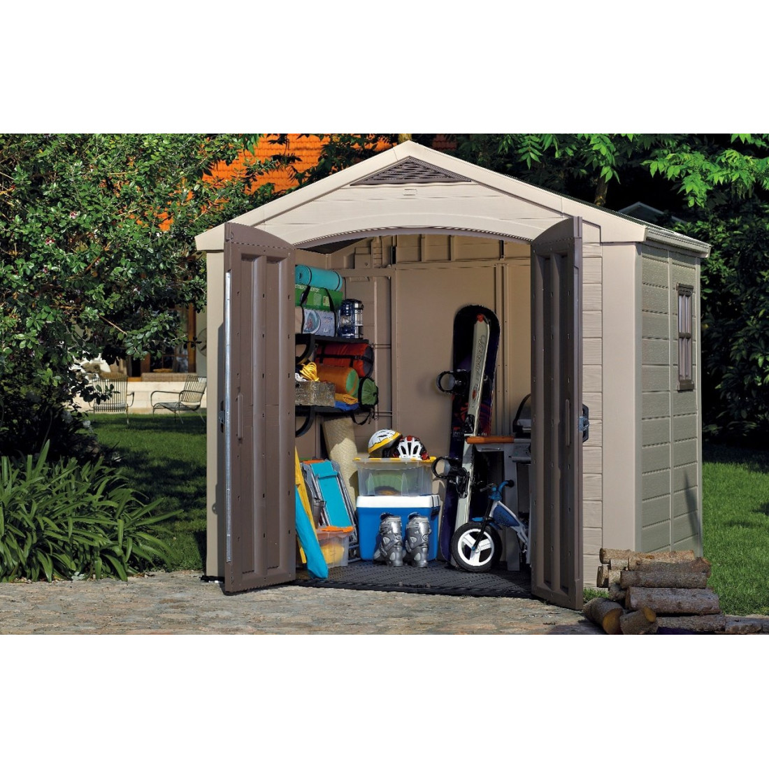 Domek narzędziowy FACTOR 8x6, 256,5x182cm, Keter, przestronny, dużo miejsca na narzędzia i sprzęt ogrodowy