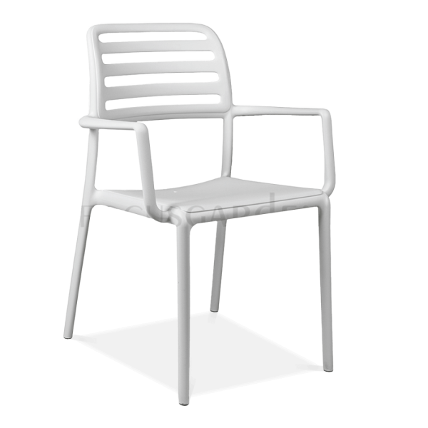 białe krzesło jadalniane do ogrodu z oparciem i podłokietnikami 