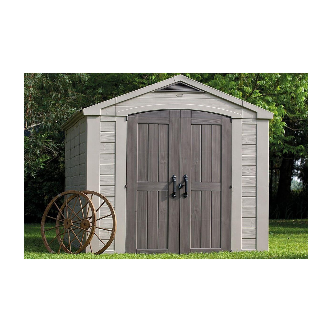 Domek ogrodowy na narzędzia Factor 8x11, 256,5x332cm, Keter, aranżacja w ogrodzie, stylowy domek