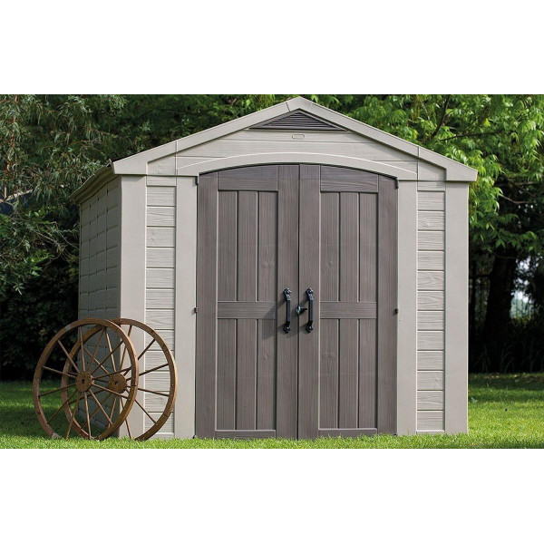 Domek ogrodowy na narzędzia Factor 8x11, 256,5x332cm, Keter, aranżacja w ogrodzie, stylowy domek