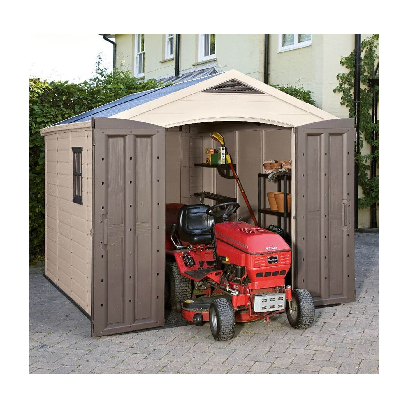 Domek ogrodowy na narzędzia Factor 8x11, 256,5x332cm, Keter, duże, podwójne drzwi ułatwiające wnoszenie sprzętu ogrodowego