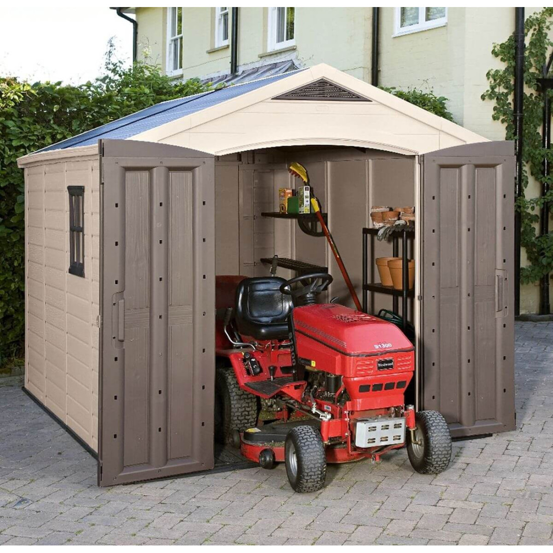 Domek ogrodowy na narzędzia Factor 8x11, 256,5x332cm, Keter, duże, podwójne drzwi ułatwiające wnoszenie sprzętu ogrodowego