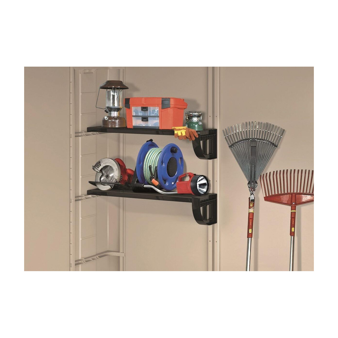 Domek ogrodowy na narzędzia Factor 8x11, 256,5x332cm, Keter, uporządkowany sprzęt i narzędzia ogrodowe na półkach