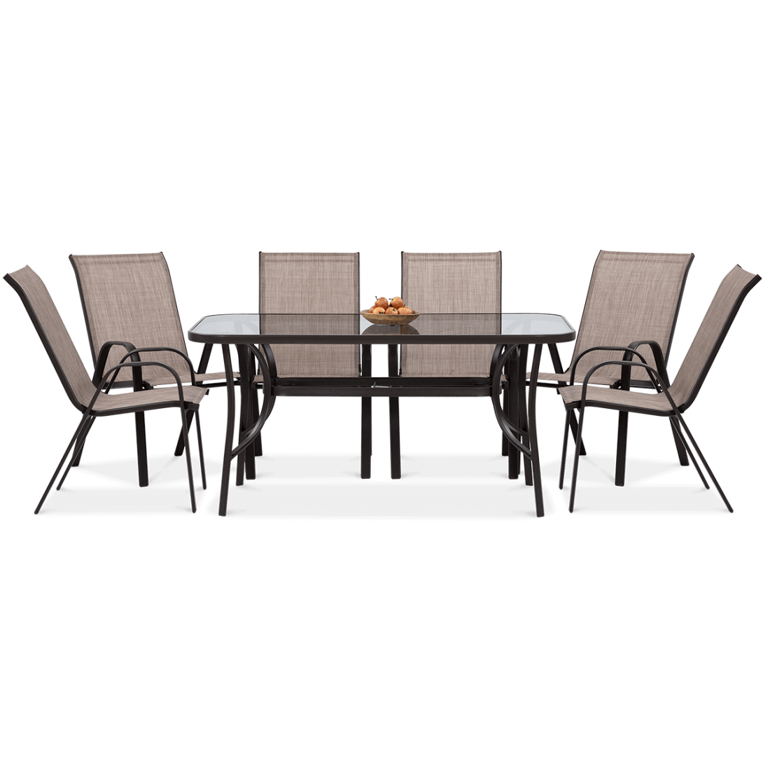 Sześć krzeseł i stół wchodzące w skład zestawu ogrodowego Bologna