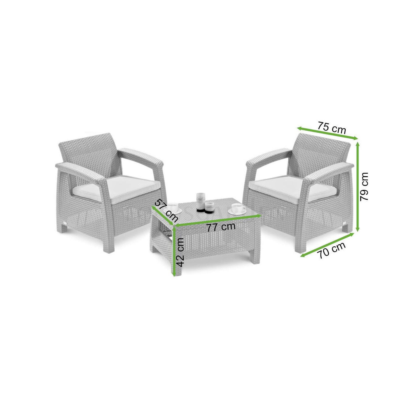 Wymiary kompletu ogrodowego Corfu Weekend w kolorze Cappuccino 