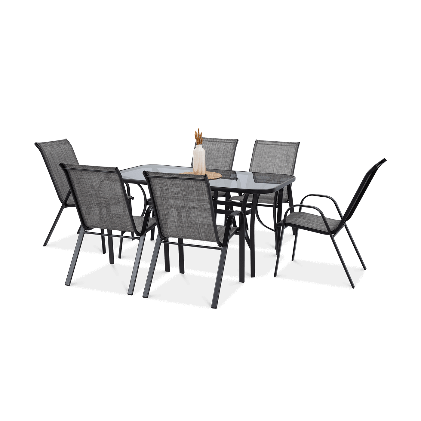 Sześć krzeseł i stół wchodzące w skład zestawu ogrodowego Bologna