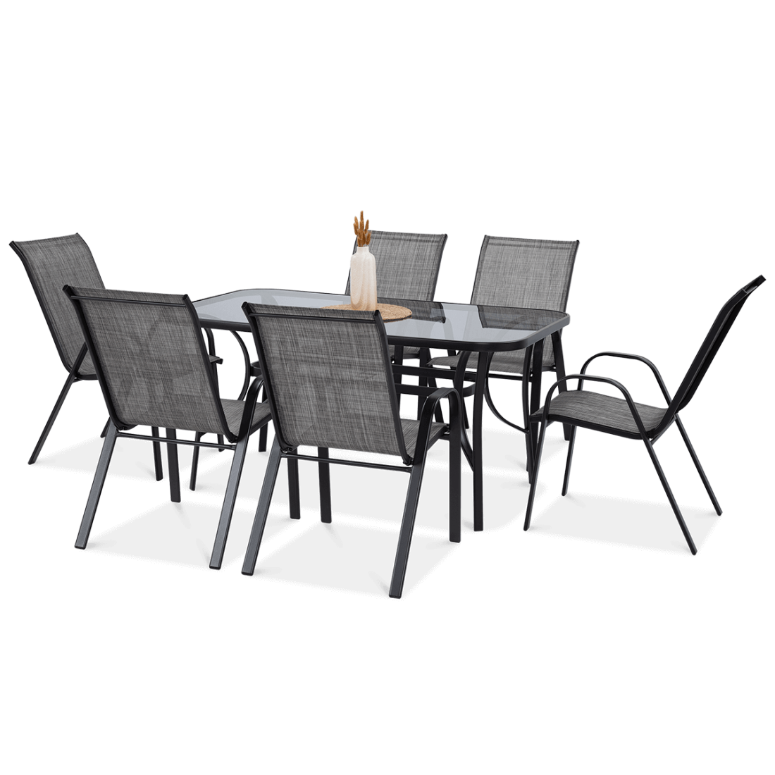 Sześć krzeseł i stół wchodzące w skład zestawu ogrodowego Bologna