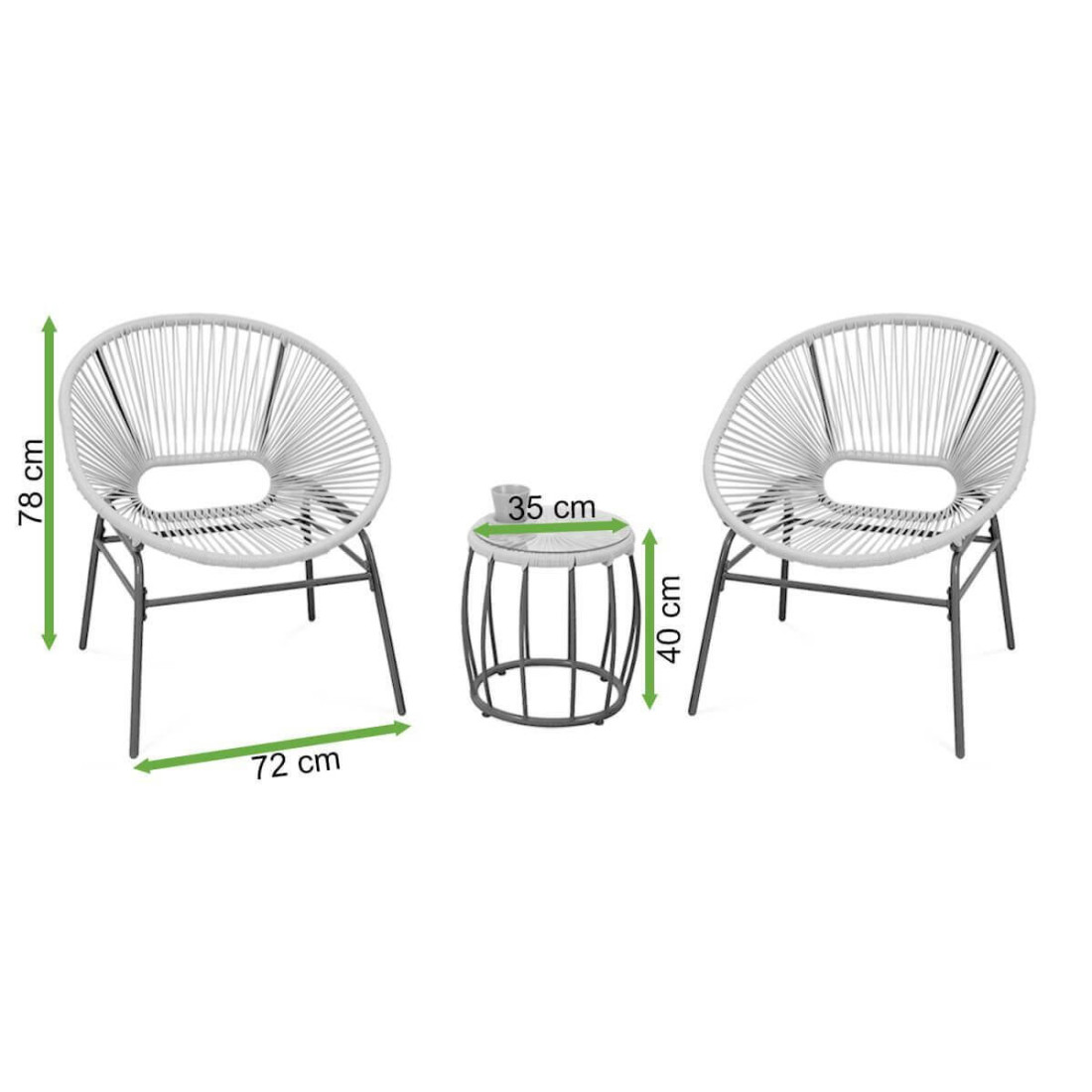 Wymiary zestawu mebli ogrodowych Maya, dwa krzesła i stolik 