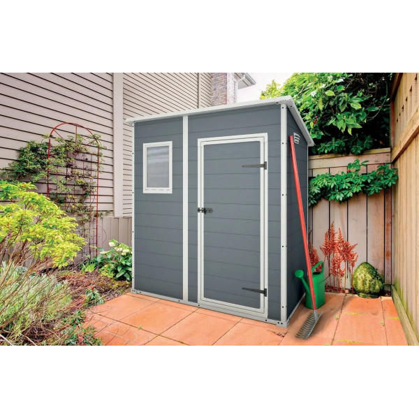 Domek ogrodowy Manor Pent 6x4, 183,5x111cm, Keter, aranżacja w ogrodzie