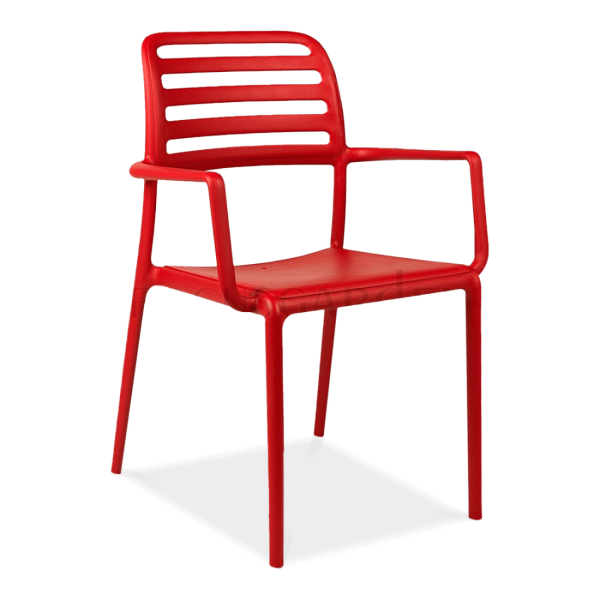 czerwone krzesło ogrodowe z oparciem i podłokietnikami