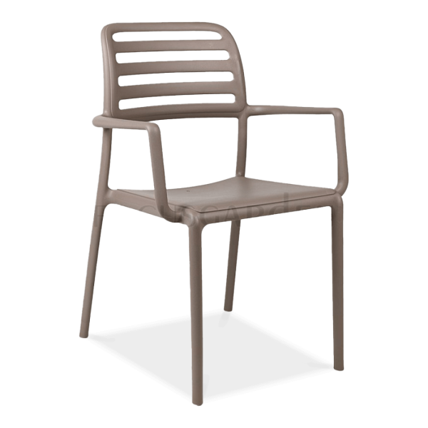 brązowe krzesło tarasowe z oparciem i podłokietnikami