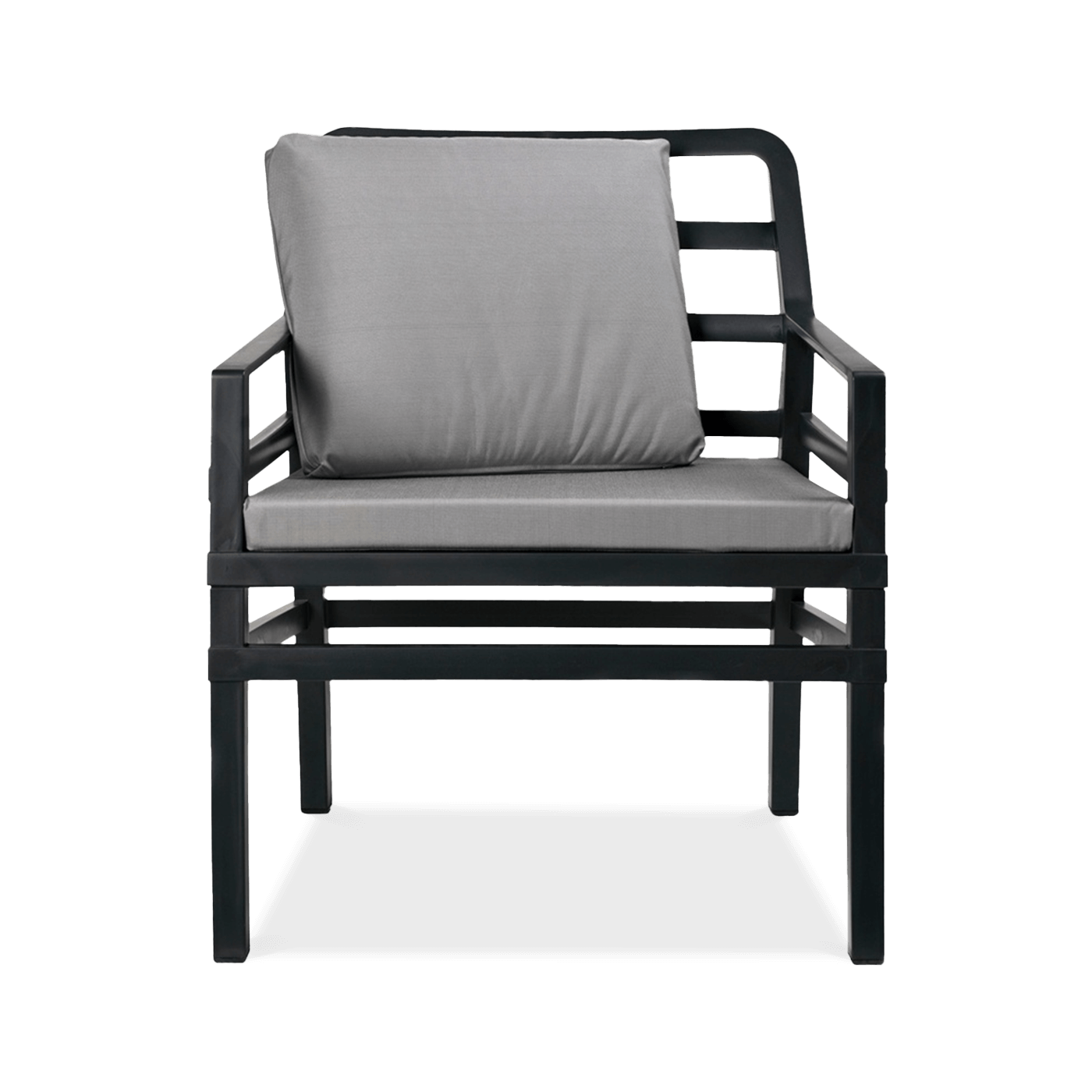 czarny fotel ogrodowy z szarym siedzeniem i poduszką