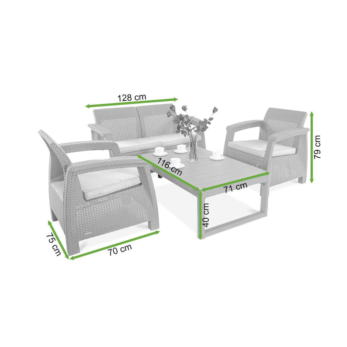 Rzut z wymiarami zestawu mebli ogrodowych Corfu Max 2