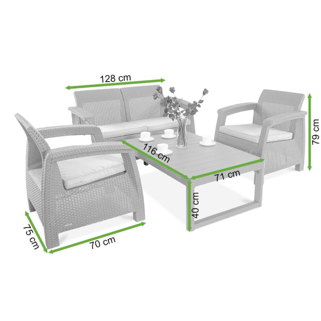 Rzut z wymiarami zestawu mebli ogrodowych Corfu Max 2