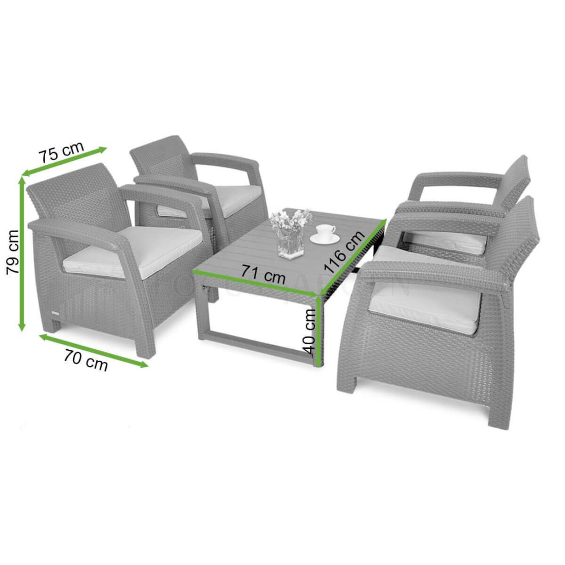 Wymiary zestawu mebli ogrodowych Corfu Quattro/Lyon