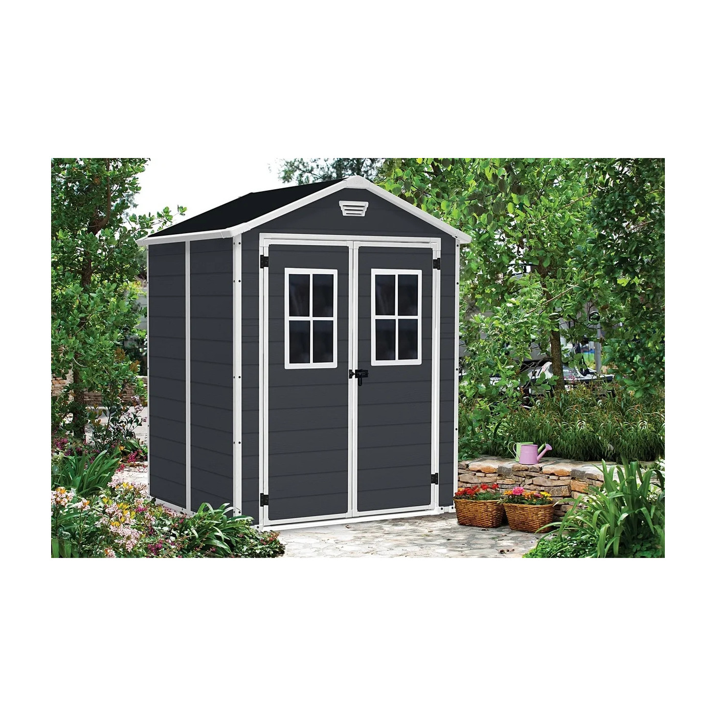 Domek narzędziowy SCALA 6x5 DD, Dark Grey, Keter, aranżacja w ogrodzie