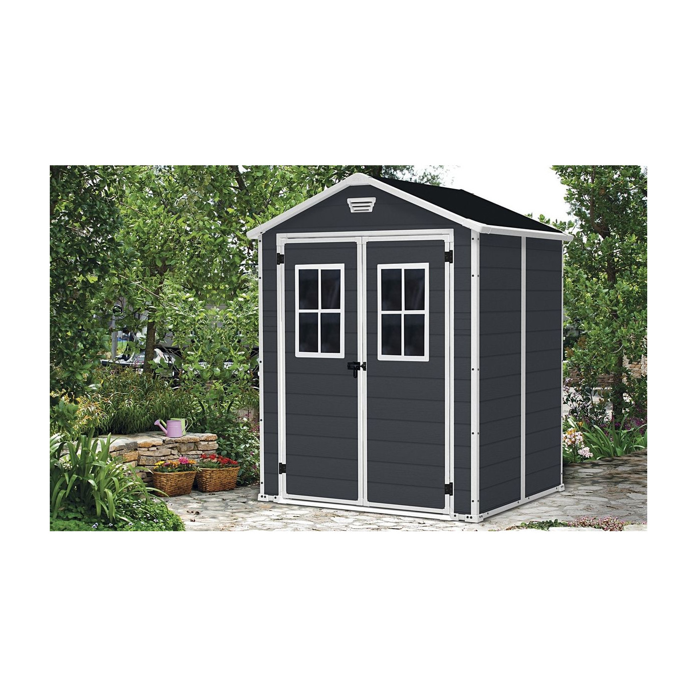 Domek narzędziowy SCALA 6x5 DD, Dark Grey, Keter, aranżacja w ogrodzie