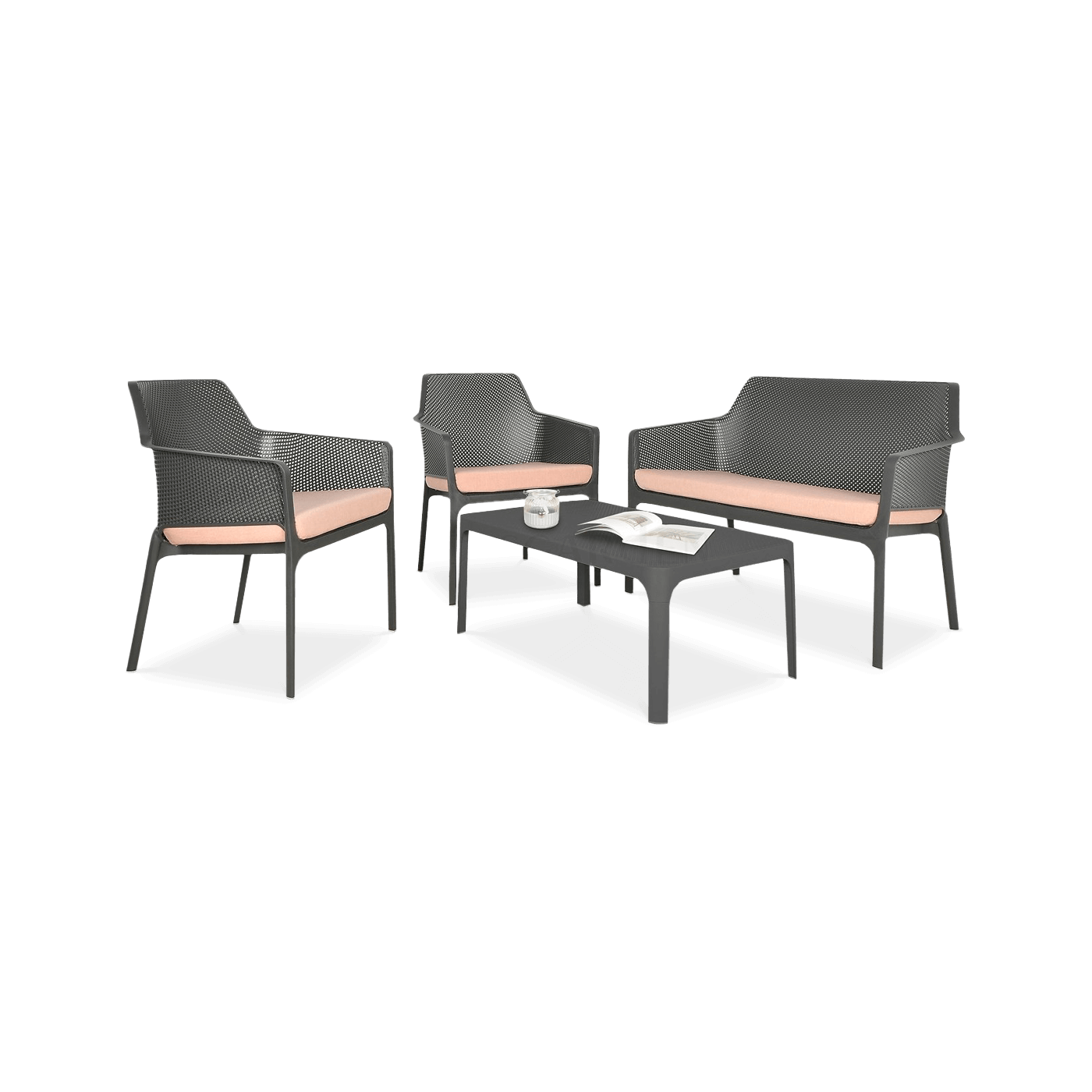 komplet mebli ogrodowych czarnych: sofa, dwa fotele i stolik kawowy