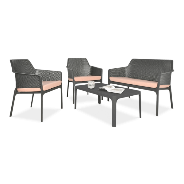 komplet mebli ogrodowych czarnych: sofa, dwa fotele i stolik kawowy