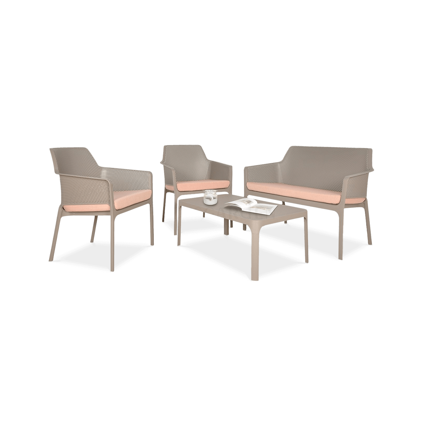 brązowy zestaw balkonowy z sofą, dwoma krzesłami i stołem