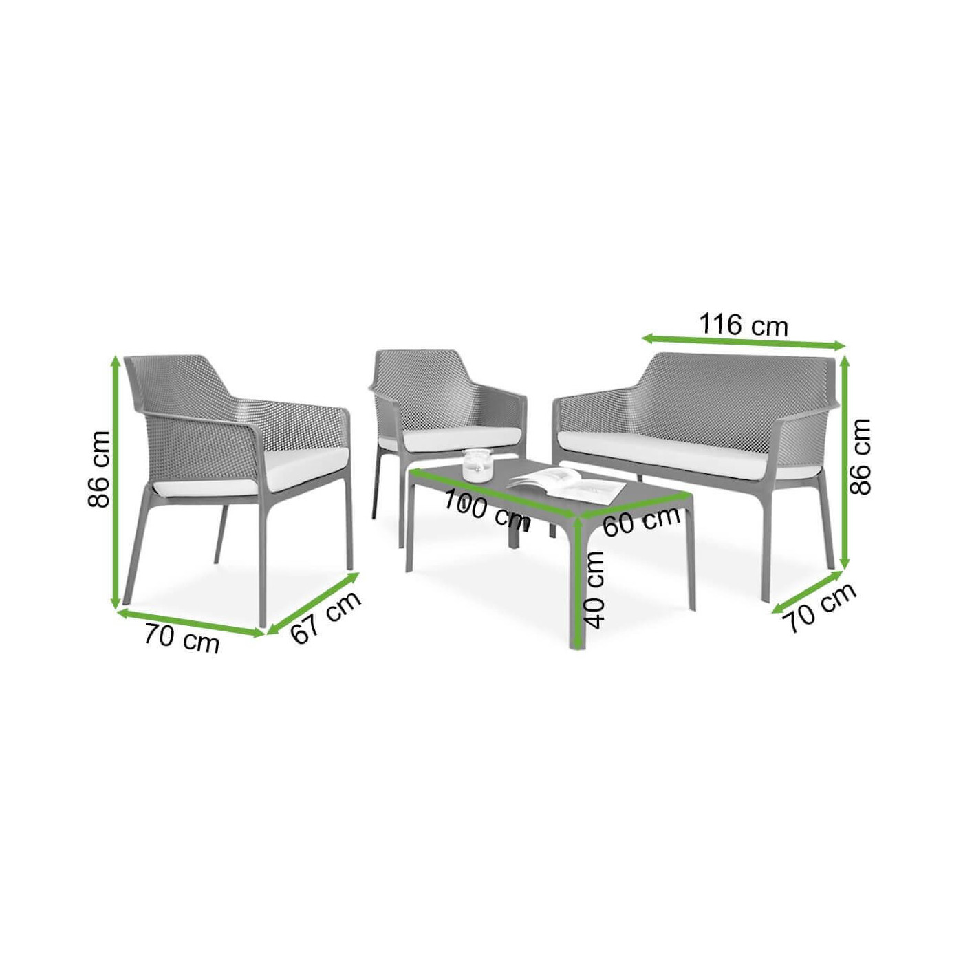 Wymiary kompletu ogrodowego Nardi Net Relax Corallo 