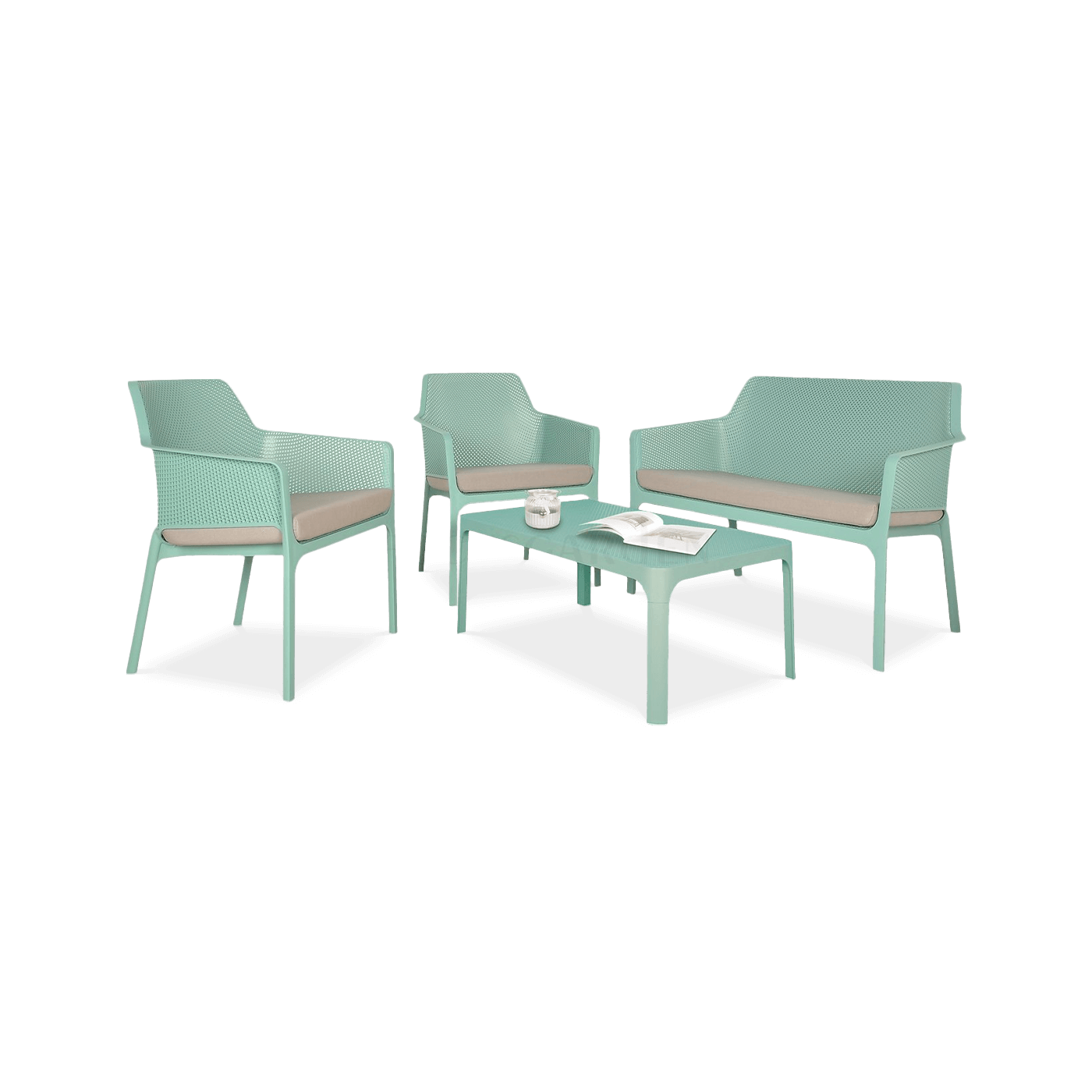 komplet mebli ogrodowych niebieskich z dwoma fotelami, stolikiem oraz ławką z oparciem