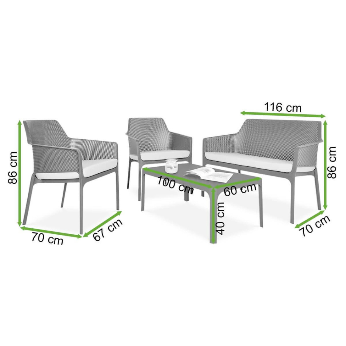 Wymiary zestawu mebli ogrodowych Nardi Net Relax, sofa, dwa krzesła, stolik