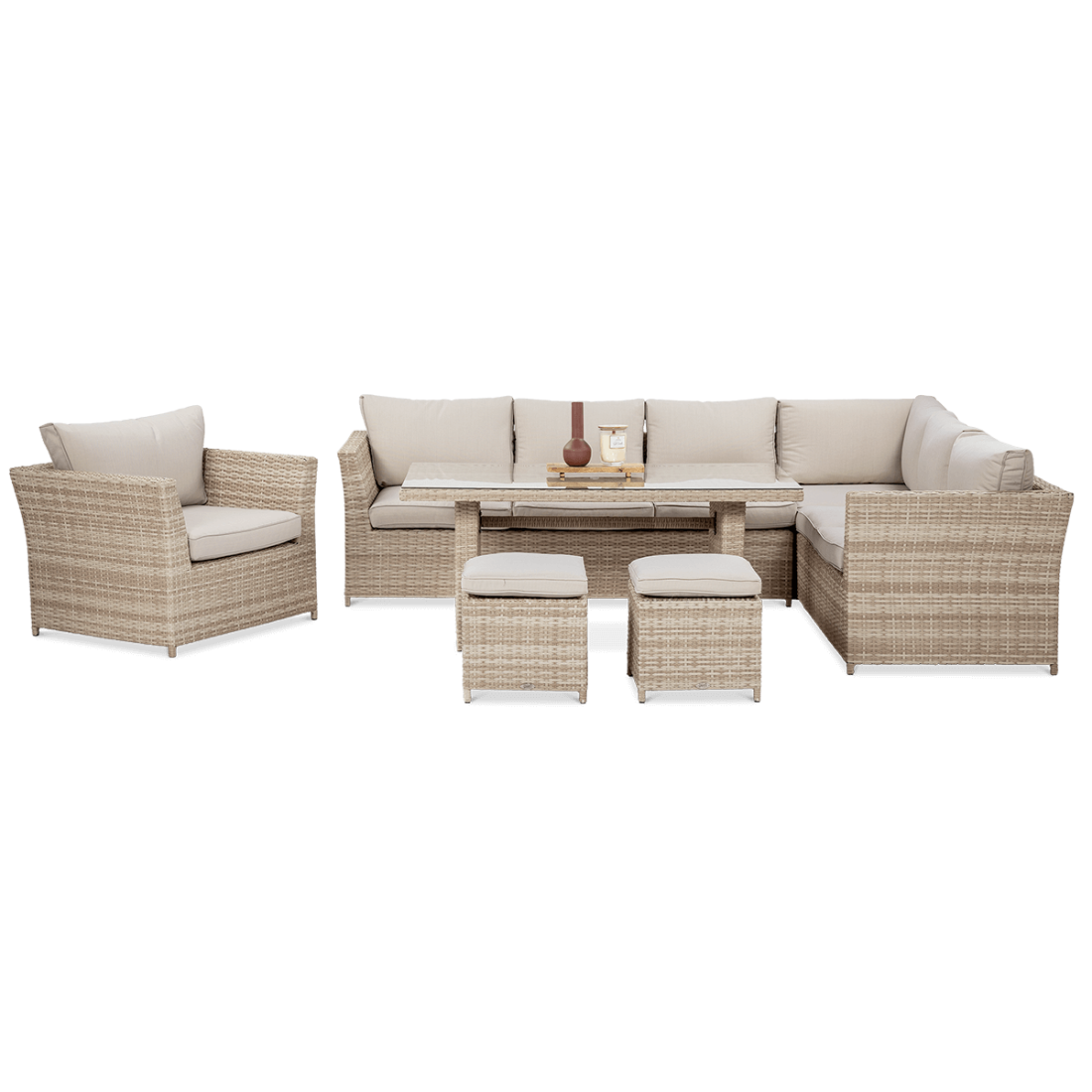 Ustawienie mebli z zestawu ogrodowego z technorattanu MONIZ DINING PLUS Beige