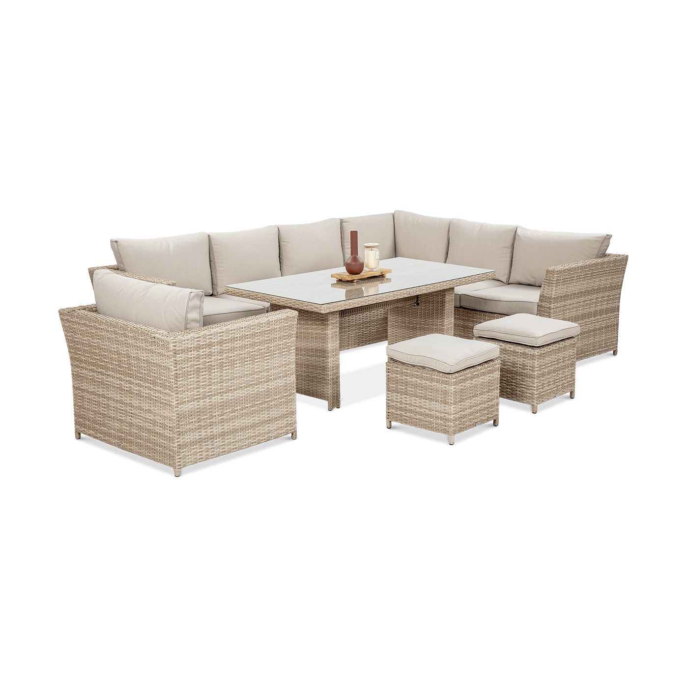 Narożnik, fotel, stół, pufy z zestawu wypoczynkowego MONIZ DINING PLUS Beige