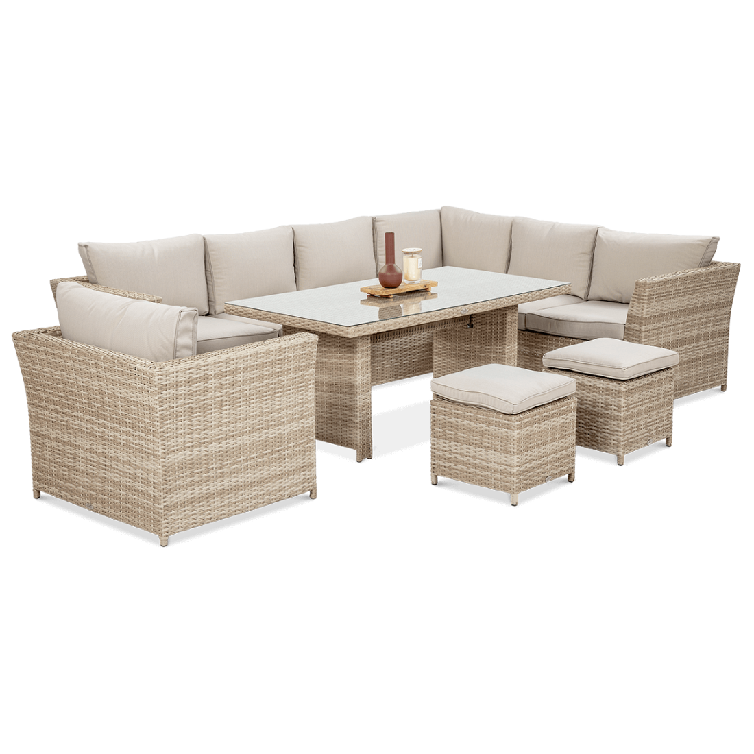 Narożnik, fotel, stół, pufy z zestawu wypoczynkowego MONIZ DINING PLUS Beige