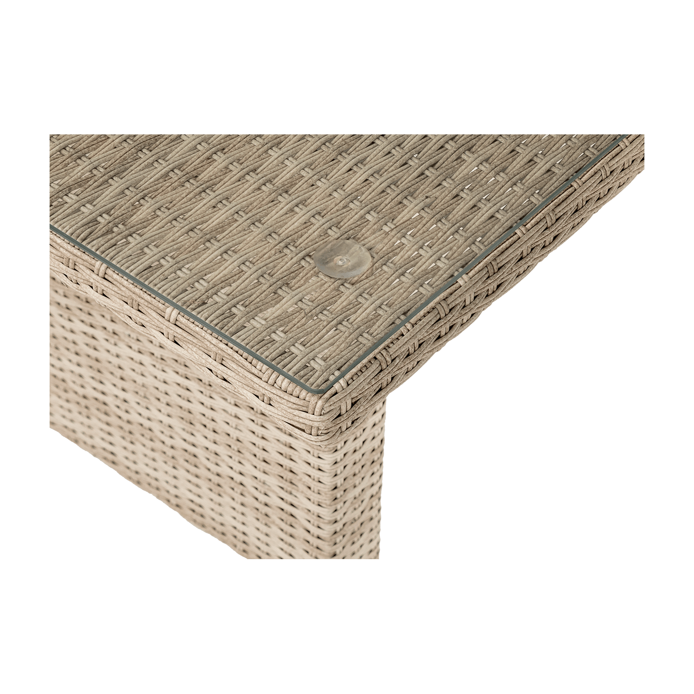 Zbliżenie na stół przykryty hartowanym szkłem zestawu technorattanowego MONIZ DINING PLUS Beige