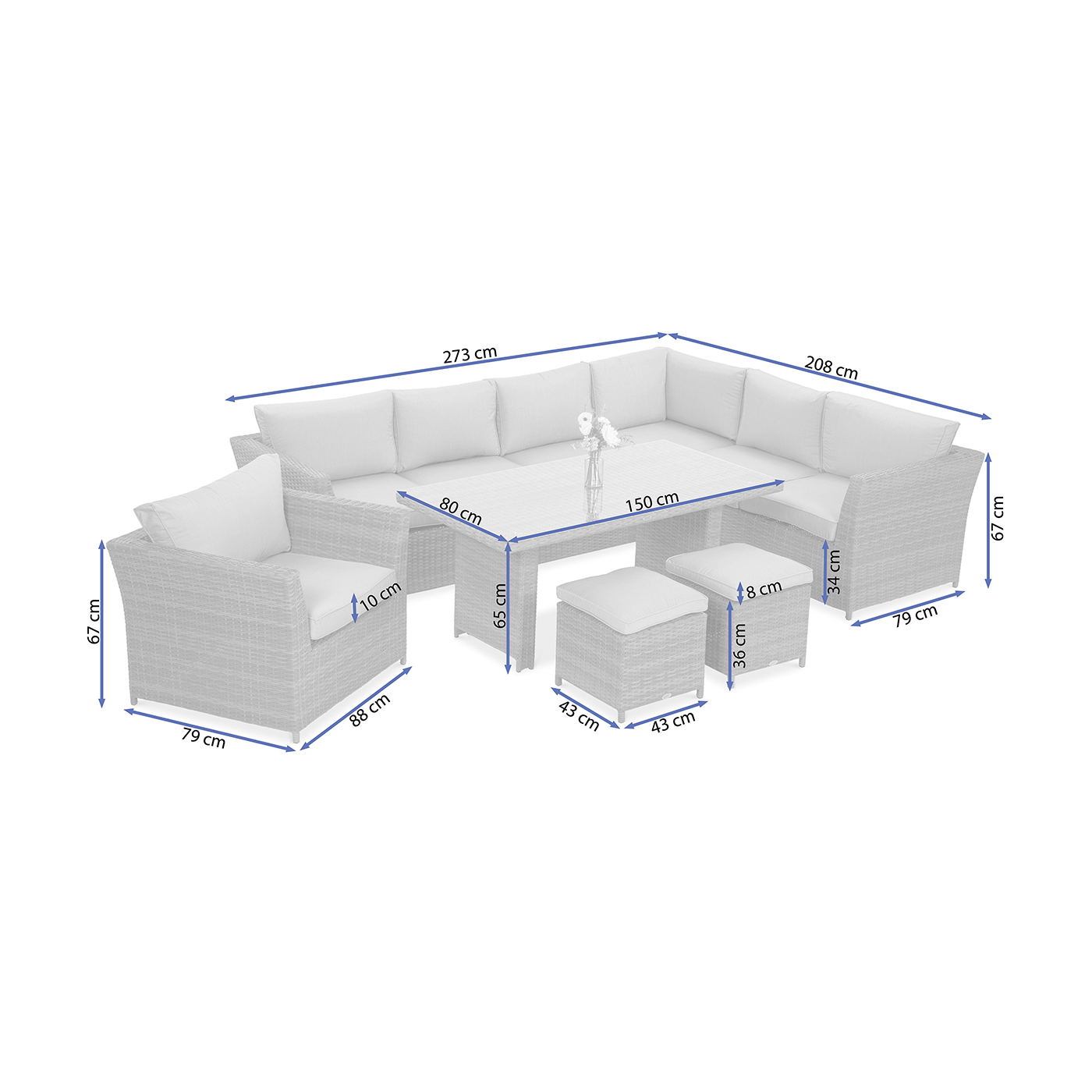 Wymiary zestawu wypoczynkowego MONIZ DINING PLUS Beige