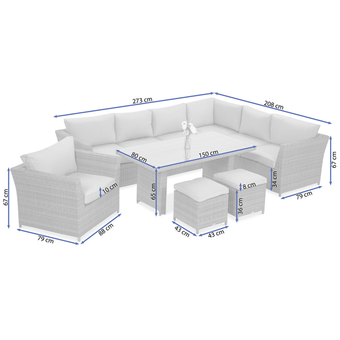 Wymiary zestawu wypoczynkowego MONIZ DINING PLUS Beige